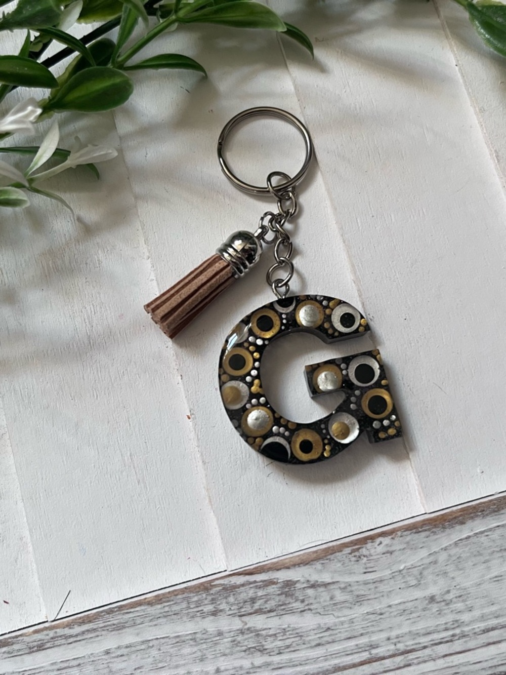 New G Initial Keychain with Tassel - Black and Gold Accent